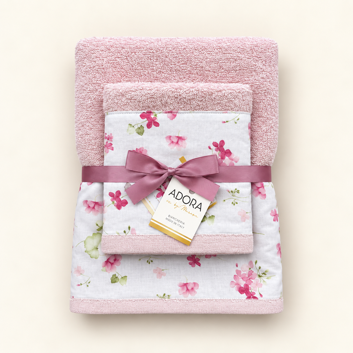 Set 2 Asciugamani bagno spugna cotone mod.FLEUR ROSA