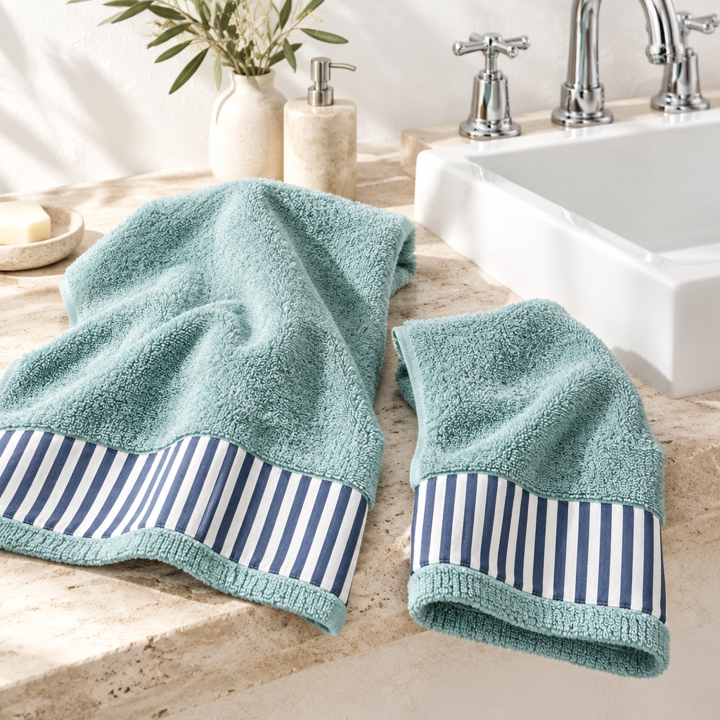 Set asciugamani bagno viso e ospite in spugna di cotone verde acqua con bordo a righe blu e bianche in ambiente