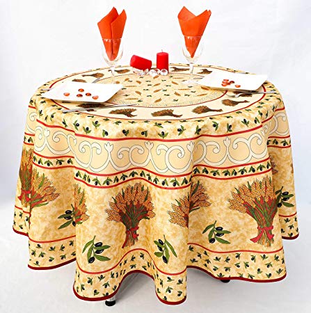 Tovaglia antimacchia rotonda beige con motivo provenzale spighe di grano e olive