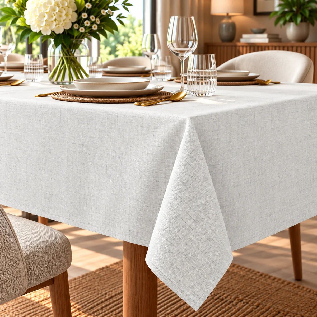 Tovaglia antimacchia bianca tinta unita MELANIA Made in Italy, apparecchiata su tavolo da pranzo elegante.