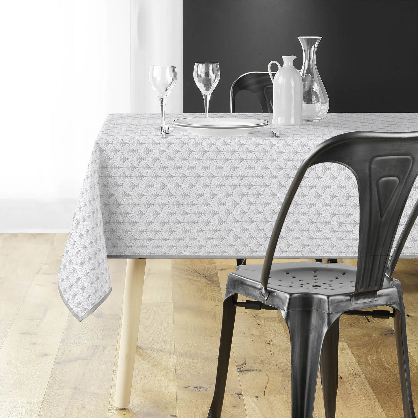 Tovaglia antimacchia rettangolare bianco e grigio chiaro con motivo geometrico elegante a ventagli