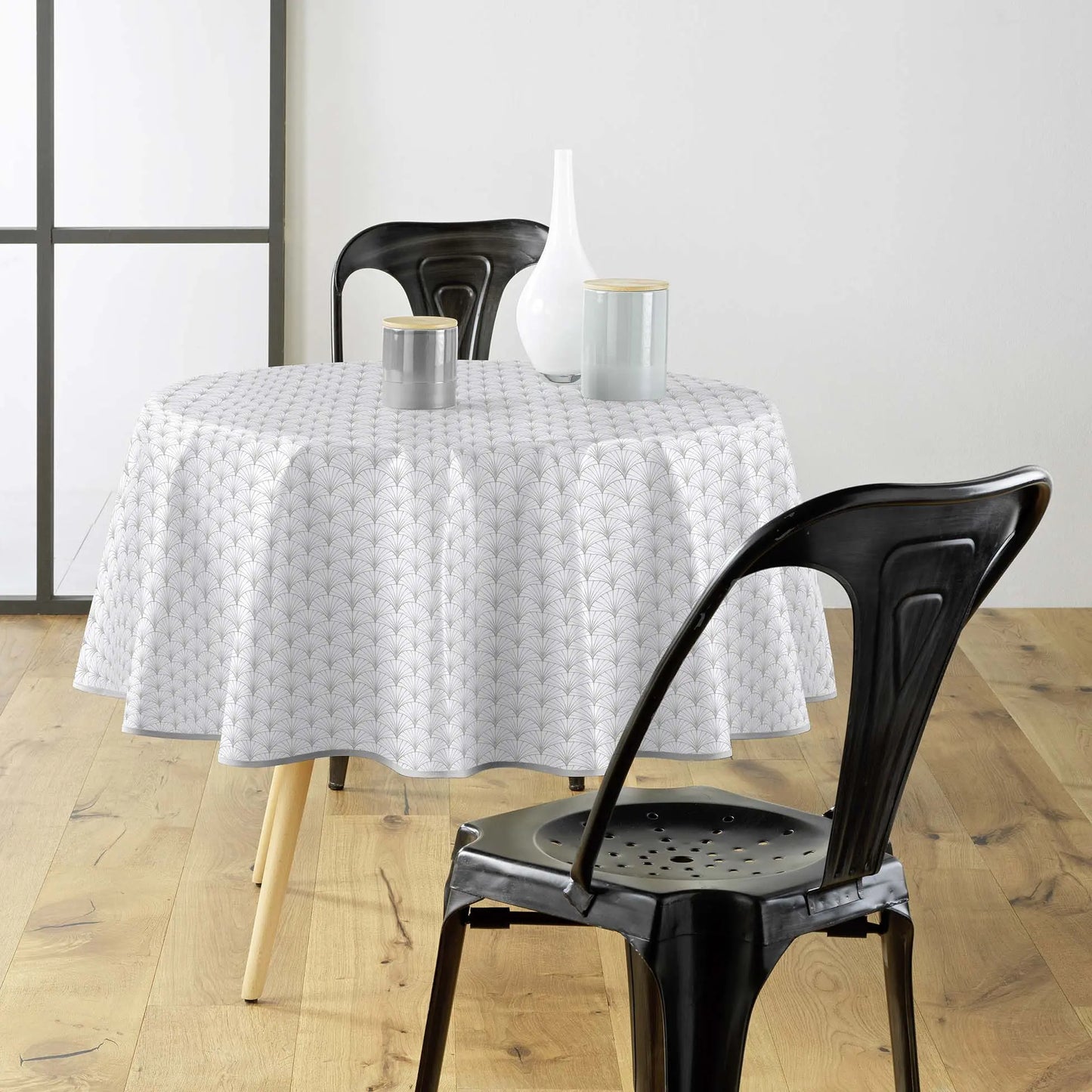 Tovaglia antimacchia rotonda bianco e grigio chiaro con fantasia geometrica moderna e raffinata