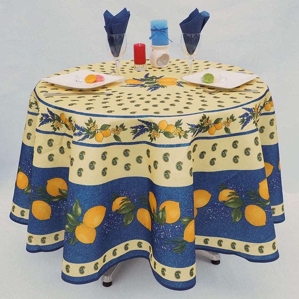 Tovaglia antimacchia rotonda blu con motivo limoni stile provenzale