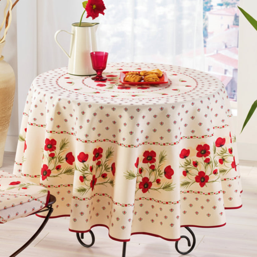 Tovaglia antimacchia rotonda rosso con motivo papaveri su fondo chiaro