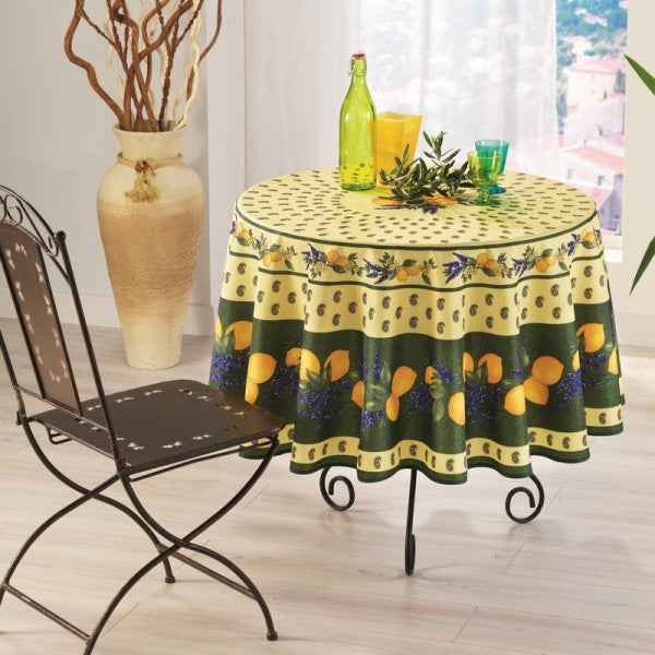 Tovaglia antimacchia rotonda verde con motivo limoni e dettagli provenzali