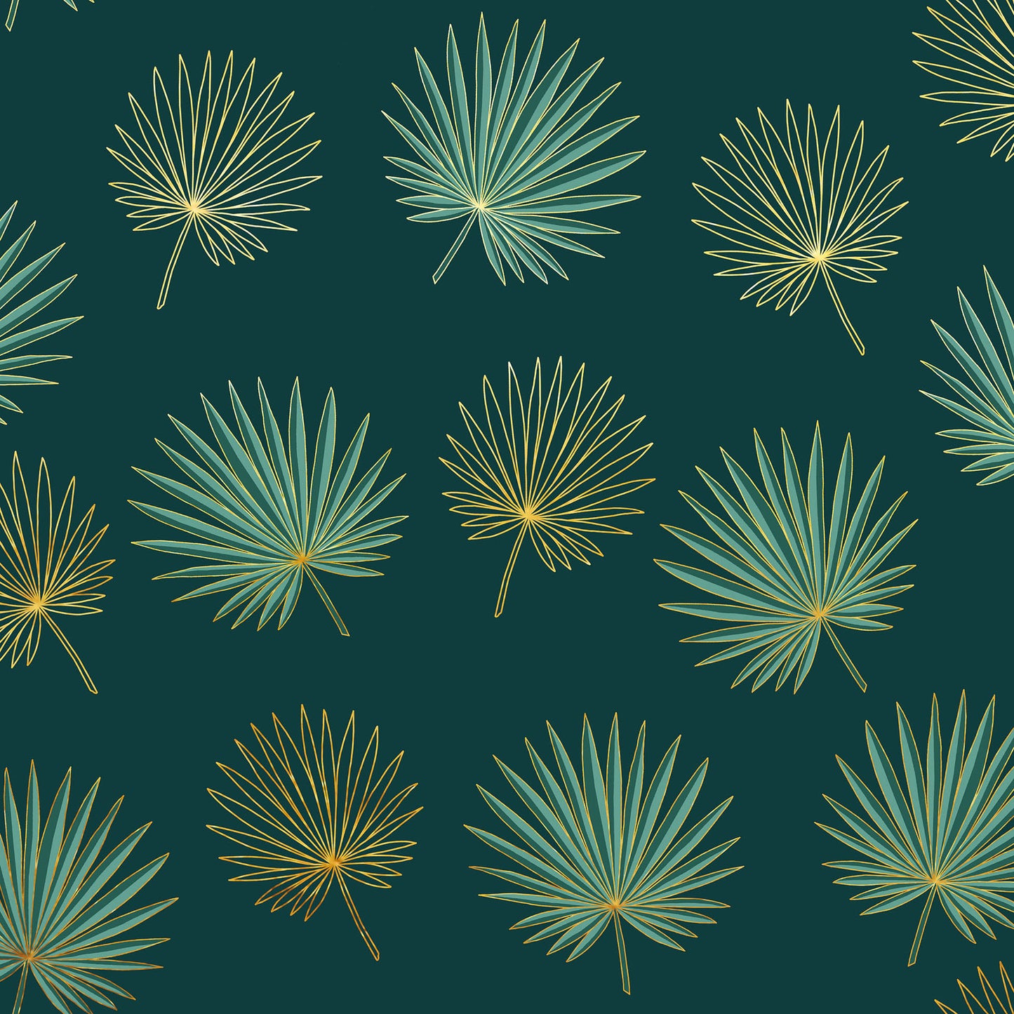 Fantasia tovaglia antimacchia rotonda verde smeraldo e oro con disegno a ventaglio stilizzato