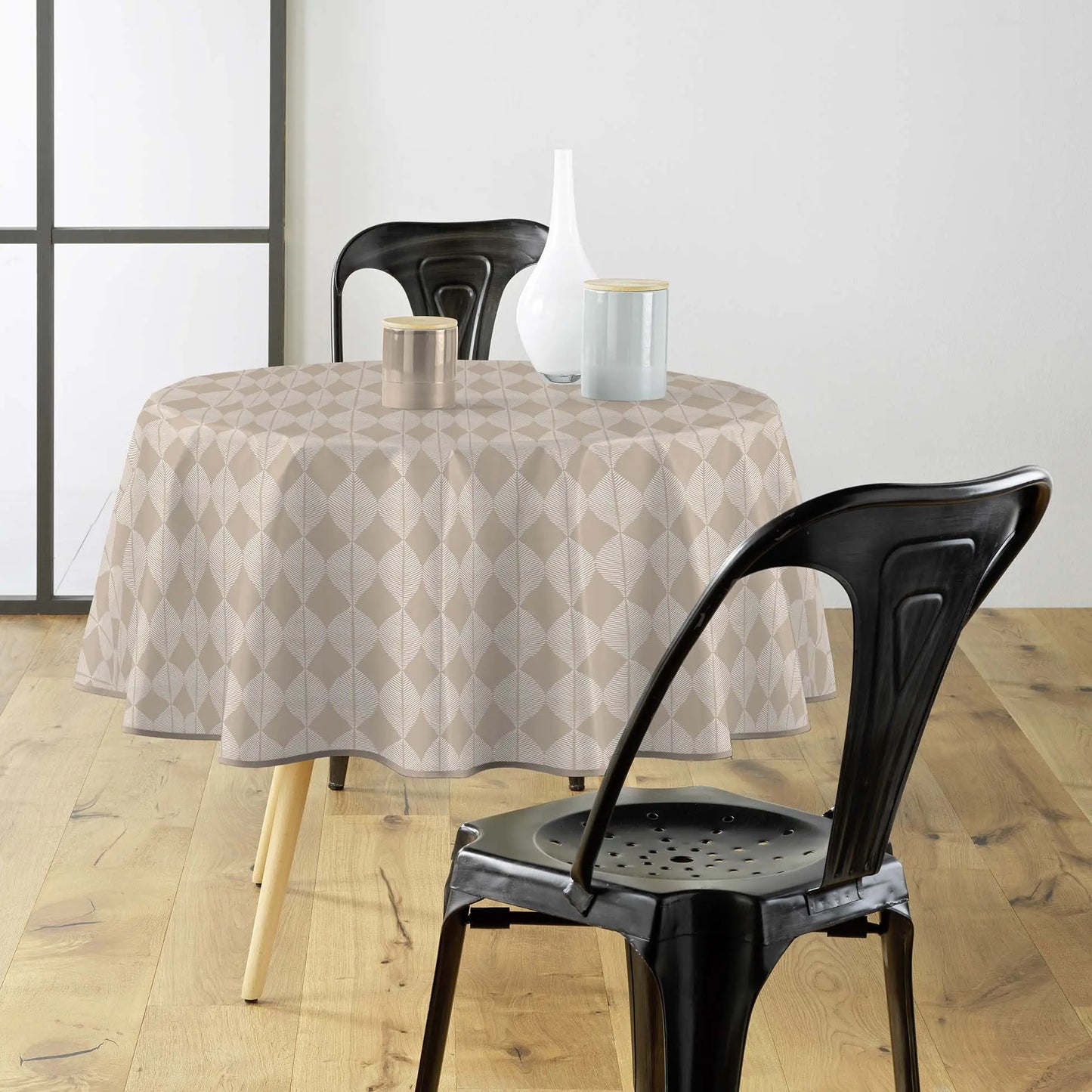 Tovaglia antimacchia geometrica beige chiaro rotonda sobria e senza stiro