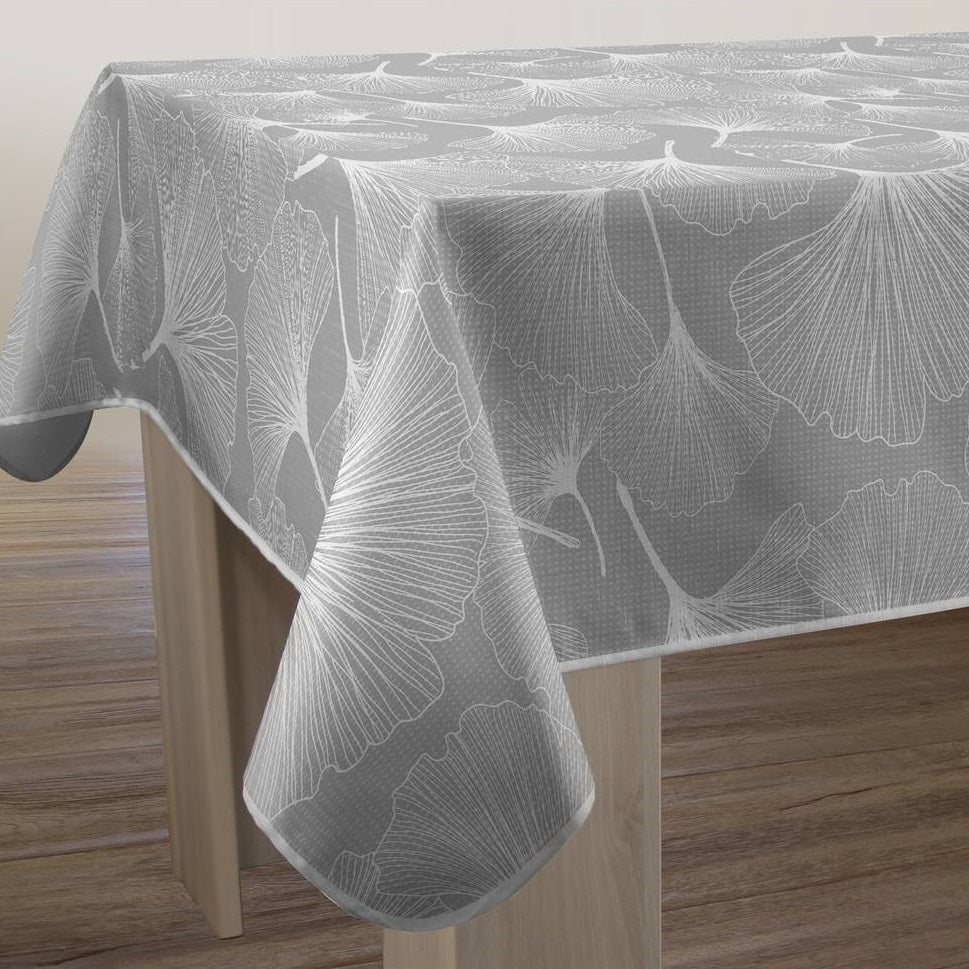 Tovaglia antimacchia rettangolare con fiori di ginkgo bianchi su fondo grigio chiaro