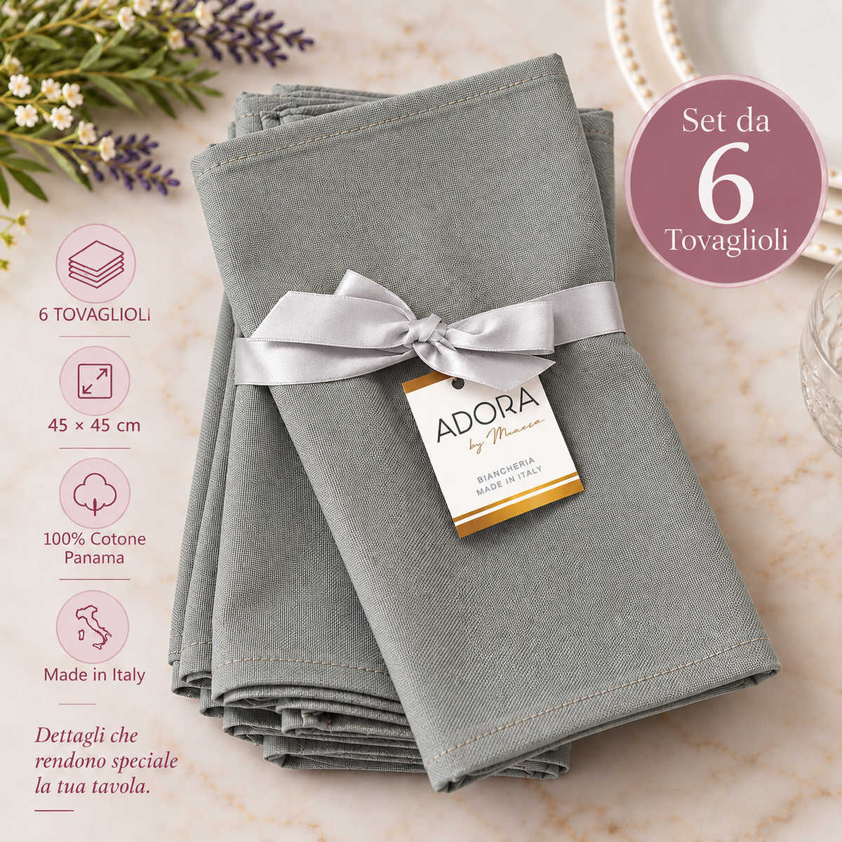 Set 6 Tovaglioli in Cotone Panama – Grigio