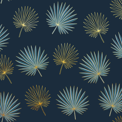 Fantasia tovaglia antimacchia rotonda blu notte e oro con disegno a ventaglio stilizzato