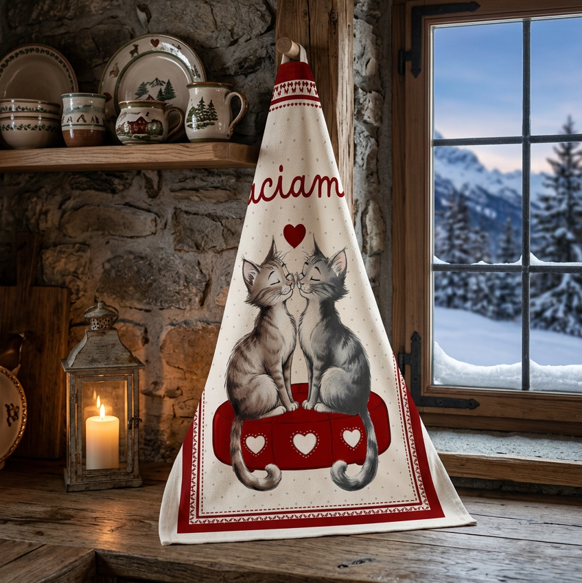 esempio di strofinaccio  in spugna Maison Winter 2026 con stampe digitali di gatti