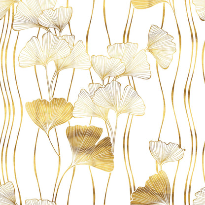 Fantasia Tovaglia antimacchia bianco e oro con decorazione ginkgo dorata in lurex