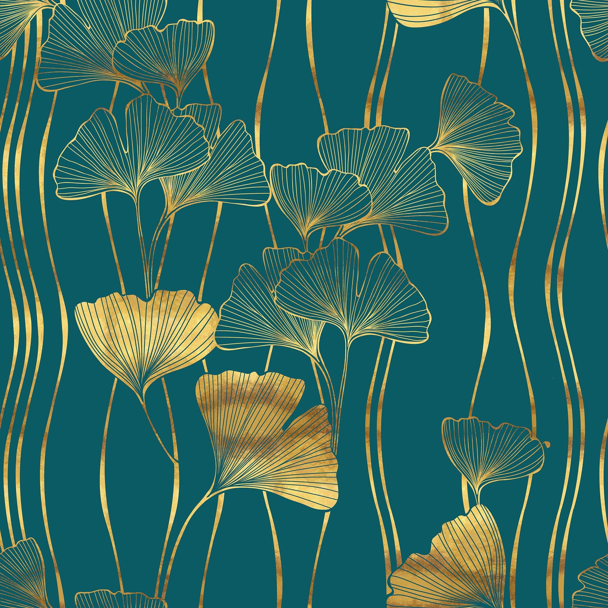 Fantasia tovaglia antimacchia verde smeraldo e oro con decorazione ginkgo dorata in lurex