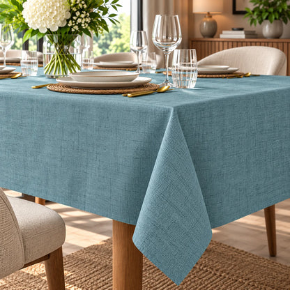 Tovaglia antimacchia azzurra MELANIA Made in Italy su tavola elegantemente apparecchiata