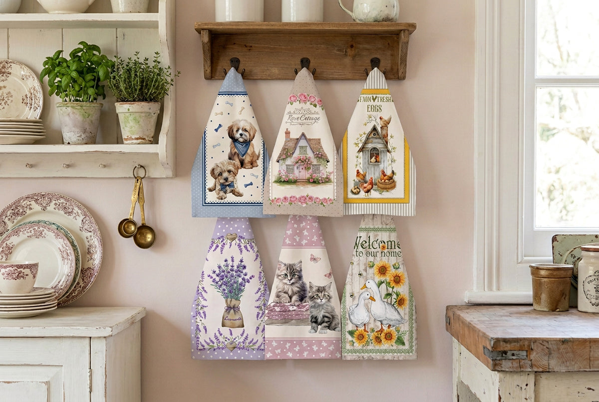 Set di 6 strofinacci in spugna 100% cotone 50x70 cm con stampa digitale e fantasie Country Chic: cagnolini, gattini, lavanda, cottage e animali della fattoria.