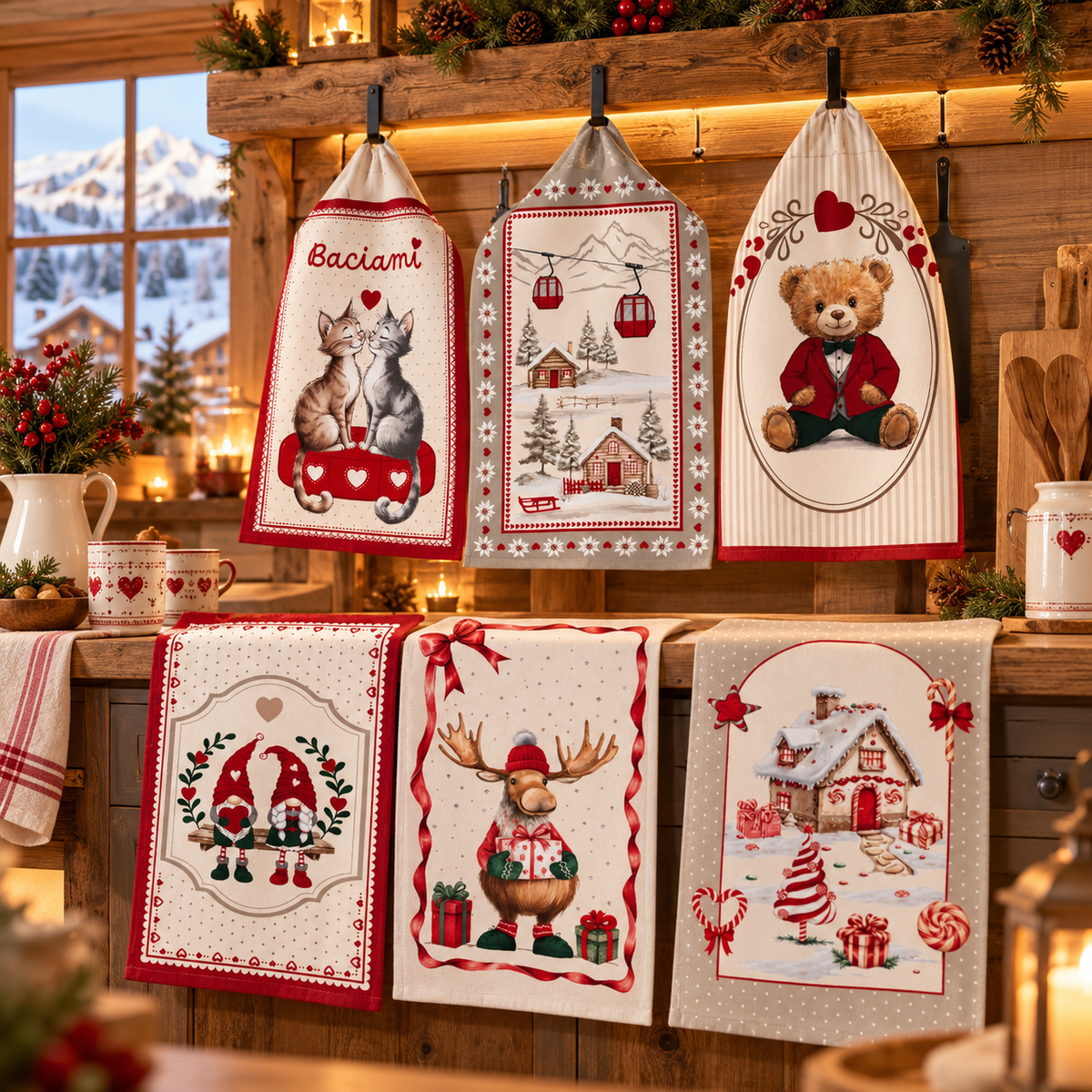 Set di 6 strofinacci in spugna Maison Winter 2026 con stampe digitali natalizie, ambientati in una cucina chalet di montagna