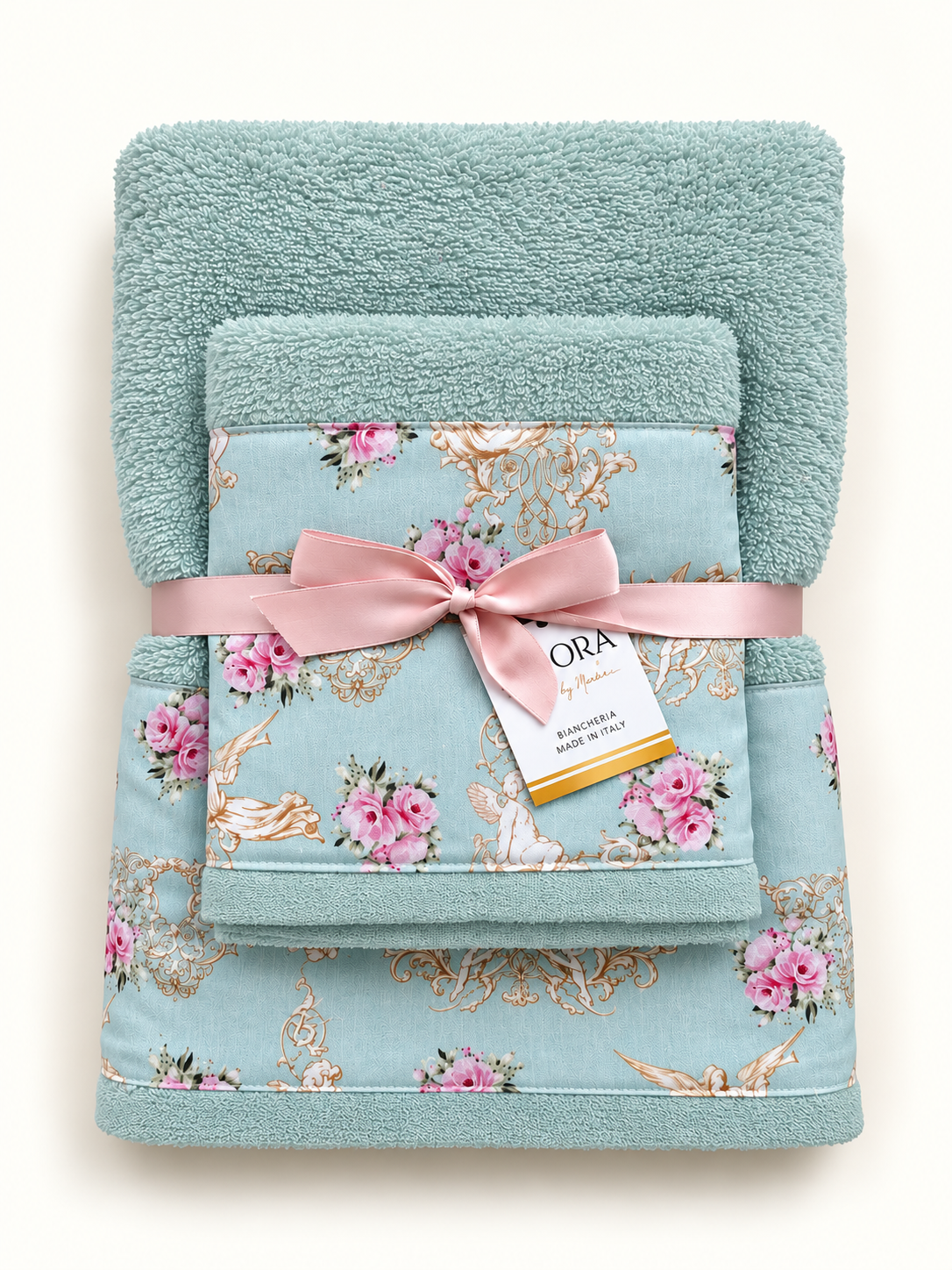 Set asciugamani bagno viso e ospite in spugna di cotone tiffany con bordo romantico con angeli e rose