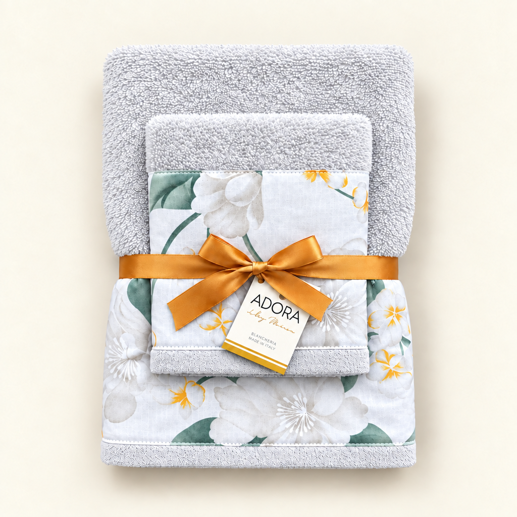 Set asciugamani bagno viso e ospite in spugna di cotone grigia con bordo floreale Bliss