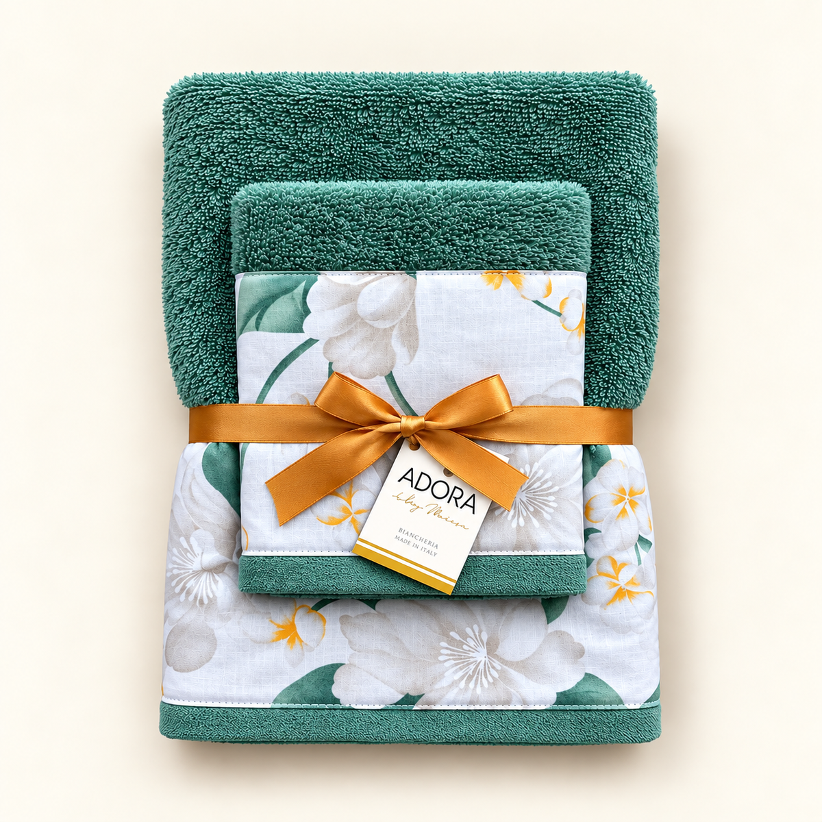 Set asciugamani bagno viso e ospite in spugna di cotone verde con bordo floreale Bliss