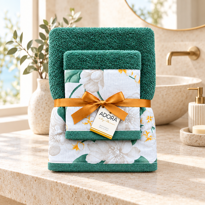 Set asciugamani bagno viso e ospite in spugna di cotone verde con bordo floreale Bliss