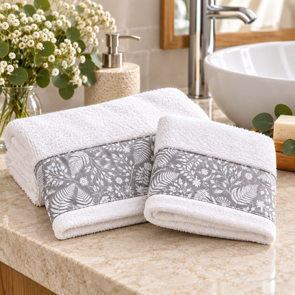 Set asciugamani bagno viso e ospite in spugna di cotone bianco con bordo botanico grigio Ramage ambientata