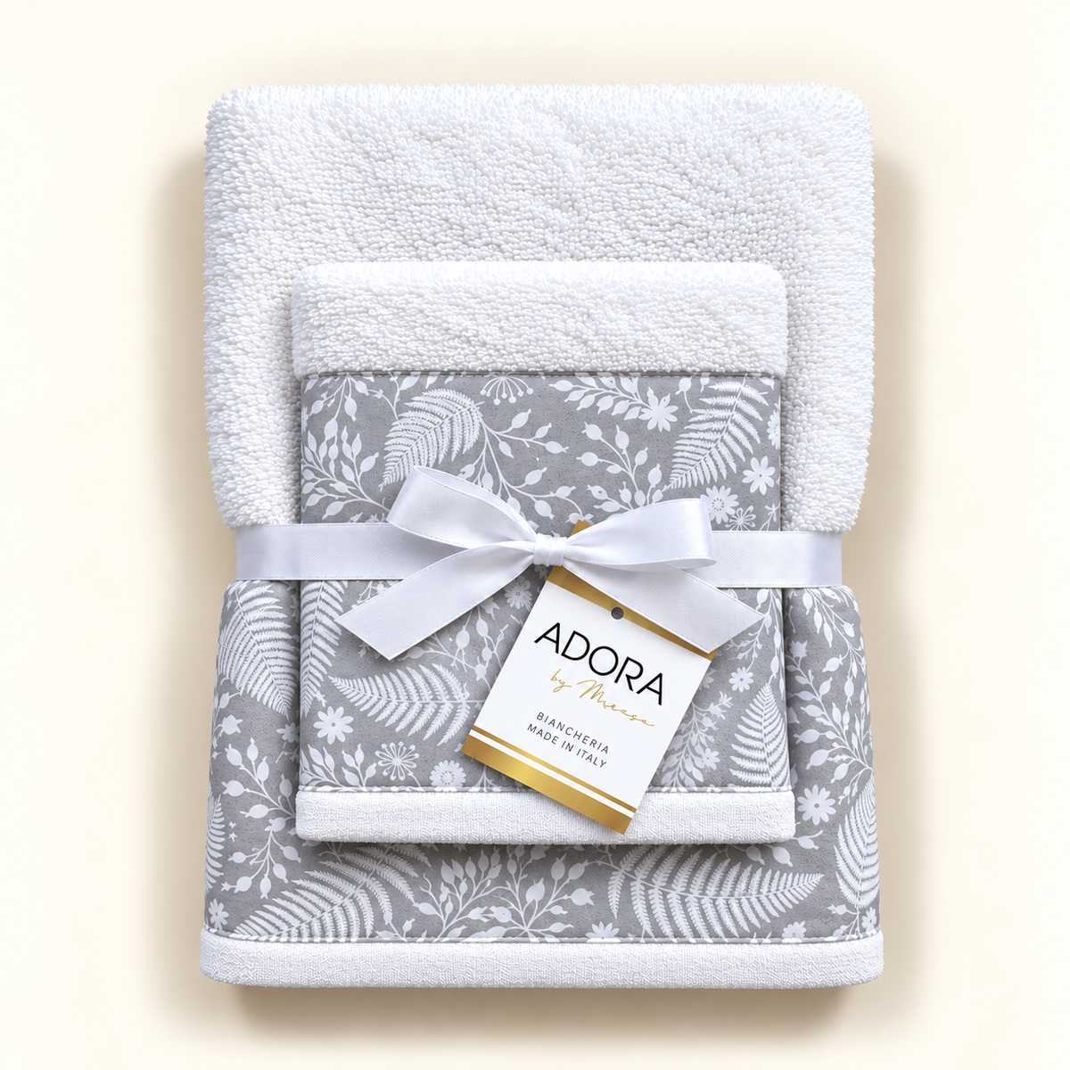 Set asciugamani bagno viso e ospite in spugna di cotone bianco con bordo botanico grigio Ramage