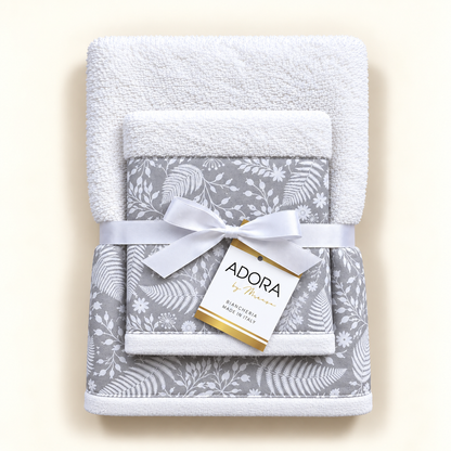 Set asciugamani bagno viso e ospite in spugna di cotone bianco con bordo botanico grigio Ramage