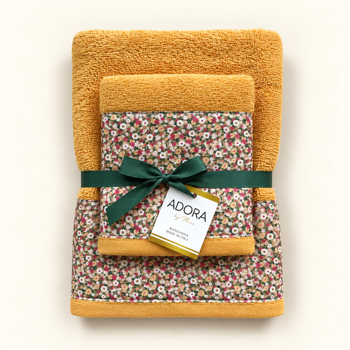 Set asciugamani bagno viso e ospite in spugna di cotone giallo con bordo floreale Sophie