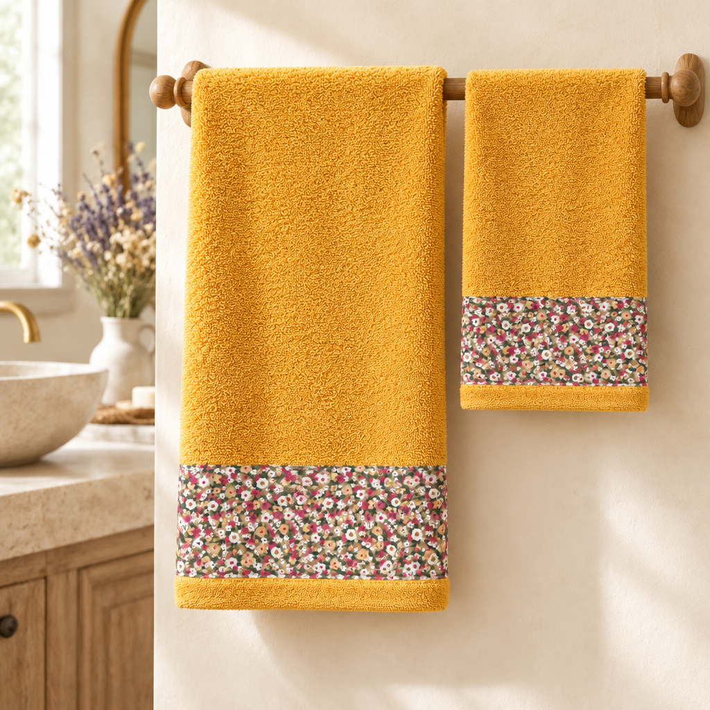 Set asciugamani bagno viso e ospite in spugna di cotone giallo con bordo floreale Sophie in ambiente