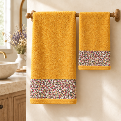 Set asciugamani bagno viso e ospite in spugna di cotone giallo con bordo floreale Sophie in ambiente