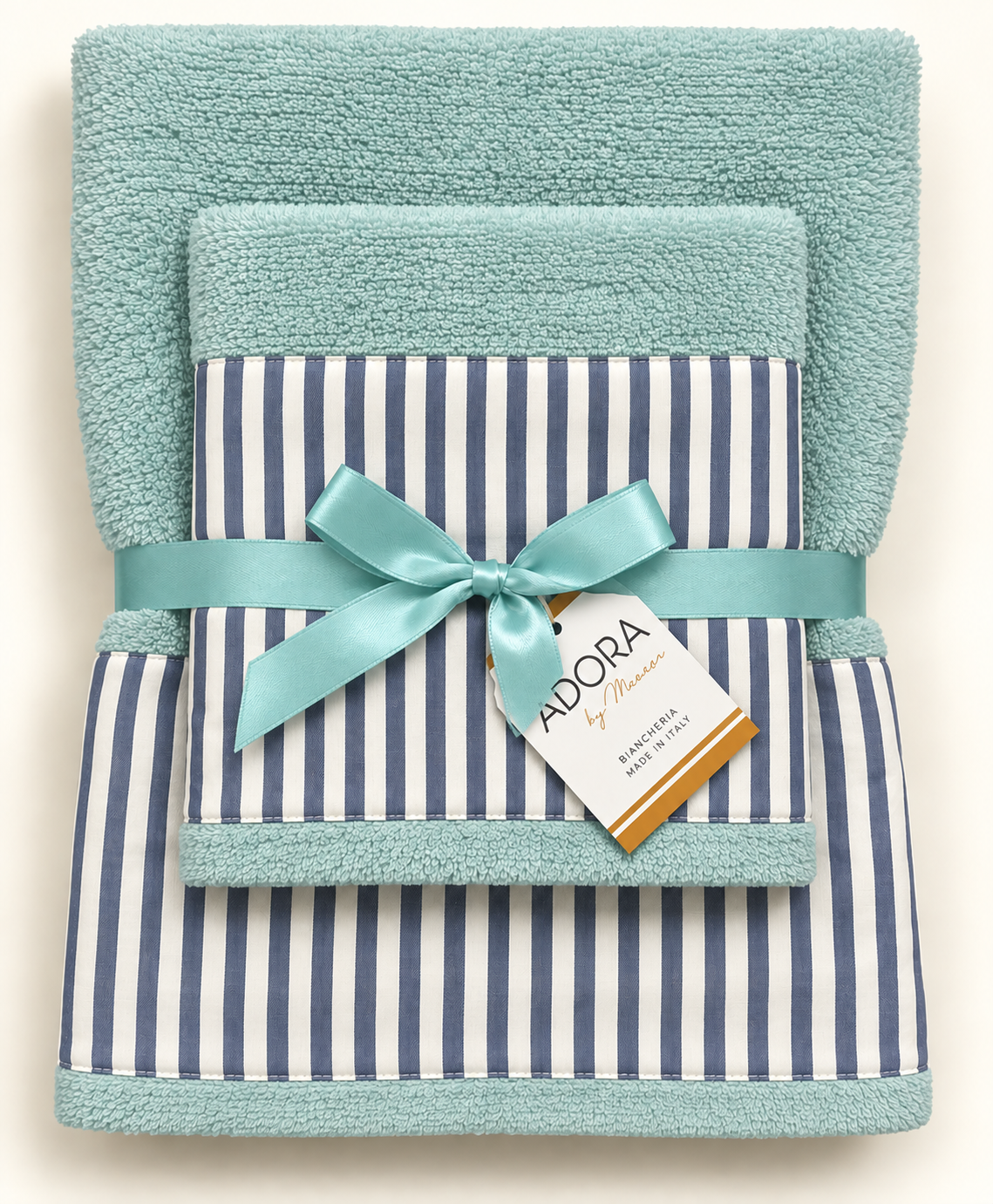 Set asciugamani bagno viso e ospite in spugna di cotone verde acqua con bordo a righe blu e bianche 