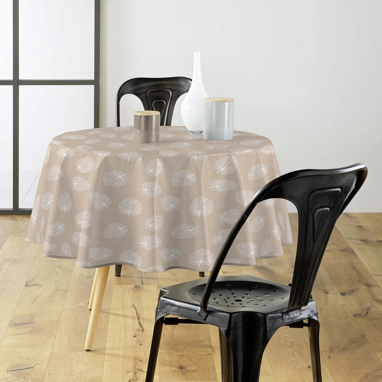 Tovaglia antimacchia rotonda beige e bianco con fantasia a foglie eleganti