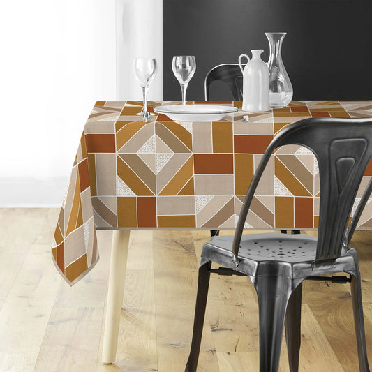 Tovaglia antimacchia rettangolare beige e ocra con fantasia geometrica moderna