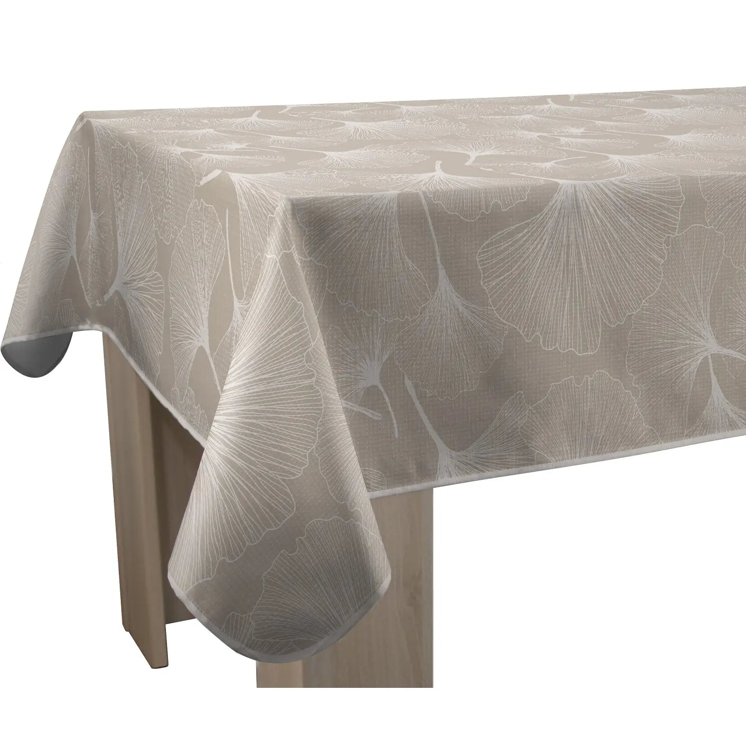Tovaglia antimacchia rettangolare beige con fantasia botanica a foglie bianche di ginkgo