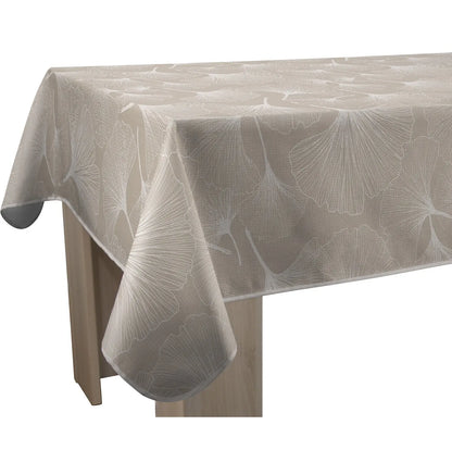 Tovaglia antimacchia rettangolare beige con fantasia botanica a foglie bianche di ginkgo