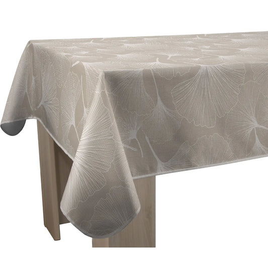Tovaglia antimacchia rettangolare beige con fantasia botanica a foglie bianche di ginkgo