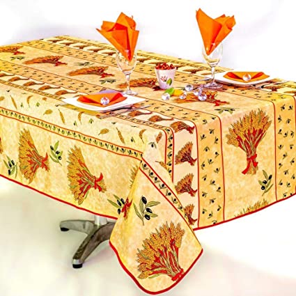 Tovaglia antimacchia rettangolare beige con motivo provenzale spighe di grano e olive