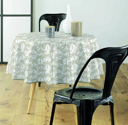 Tovaglia antimacchia bianca rotonda con motivo decorativo beige ispirato alla natura