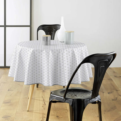 Tovaglia antimacchia rotonda bianco e grigio chiaro con fantasia geometrica moderna e raffinata
