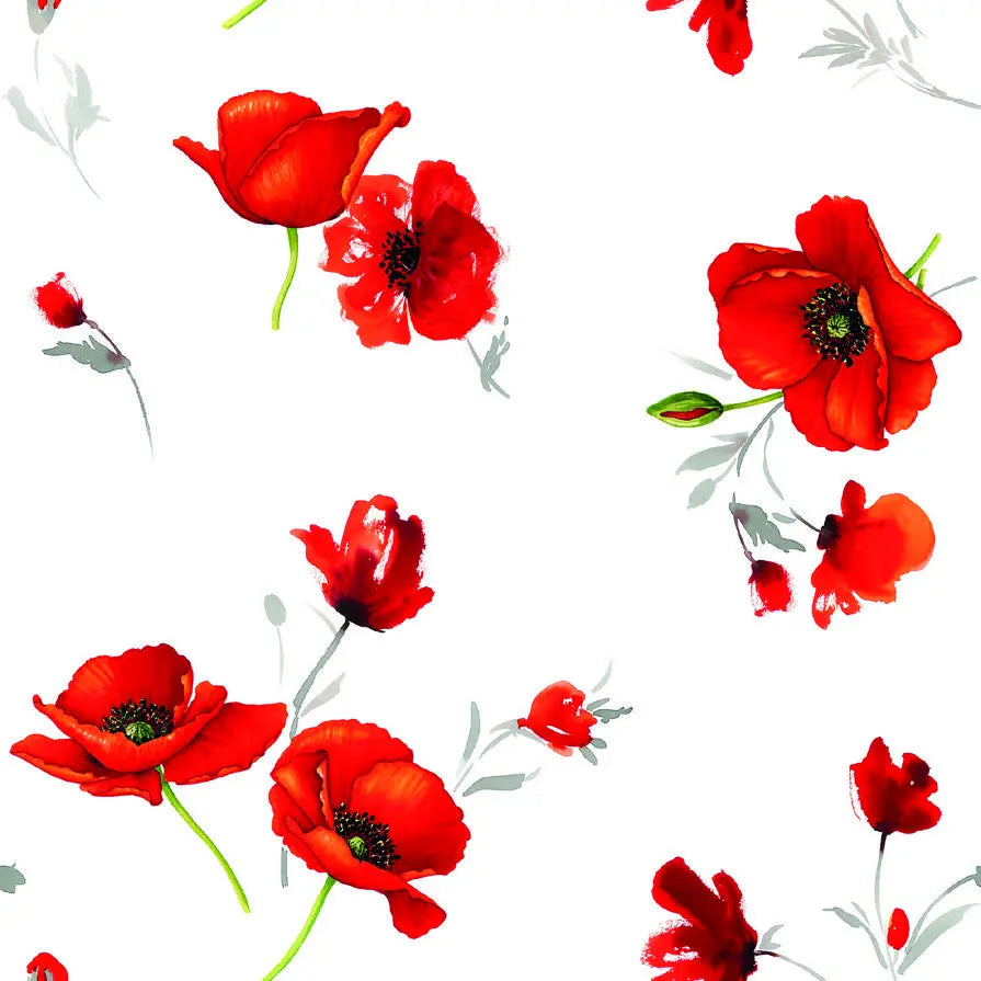 dettaglio fantasia floreale rossa su tovaglia antimacchia bianca