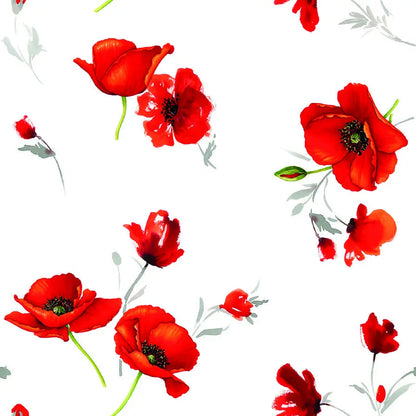 dettaglio fantasia floreale rossa su tovaglia antimacchia bianca