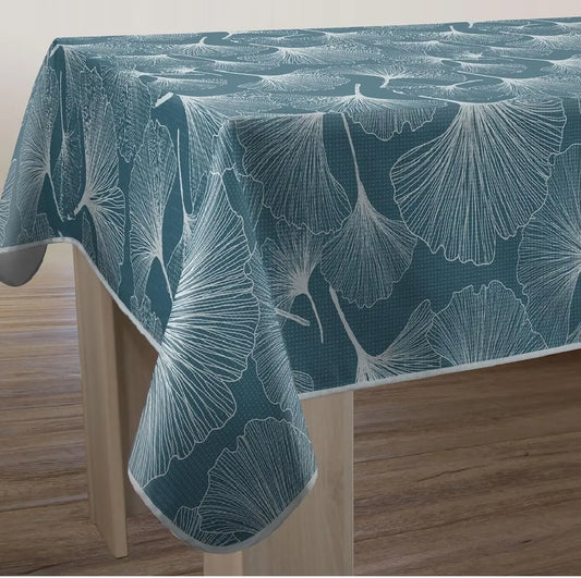 Tovaglia antimacchia rettangolare blu con fantasia moderna con foglie bianche di ginko