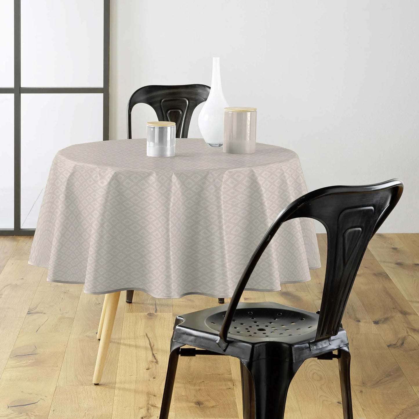 Tovaglia antimacchia geometrica beige naturale rotonda, elegante e pratica per ogni occasione