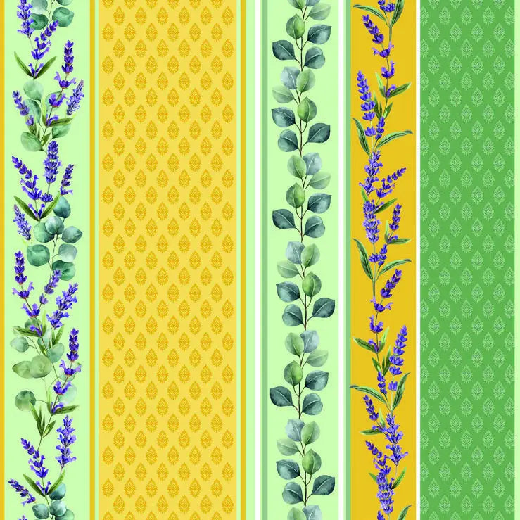 Dettaglio tovaglia antimacchia gialla con disegno floreale e bordure decorative