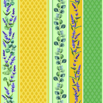 Dettaglio tovaglia antimacchia gialla con disegno floreale e bordure decorative