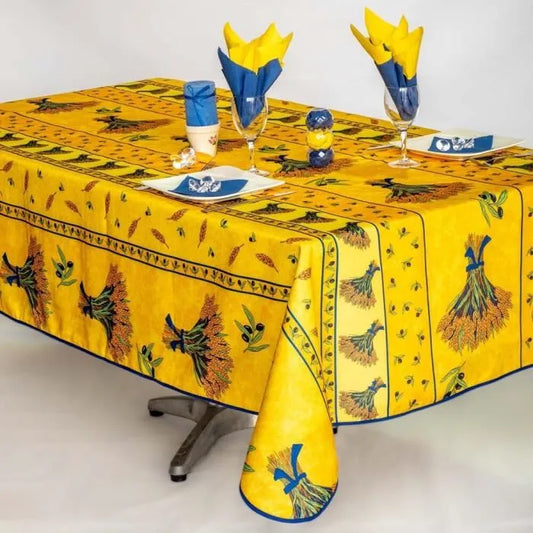 Tovaglia antimacchia rettangolare giallo e blu con motivo provenzale e spighe decorative