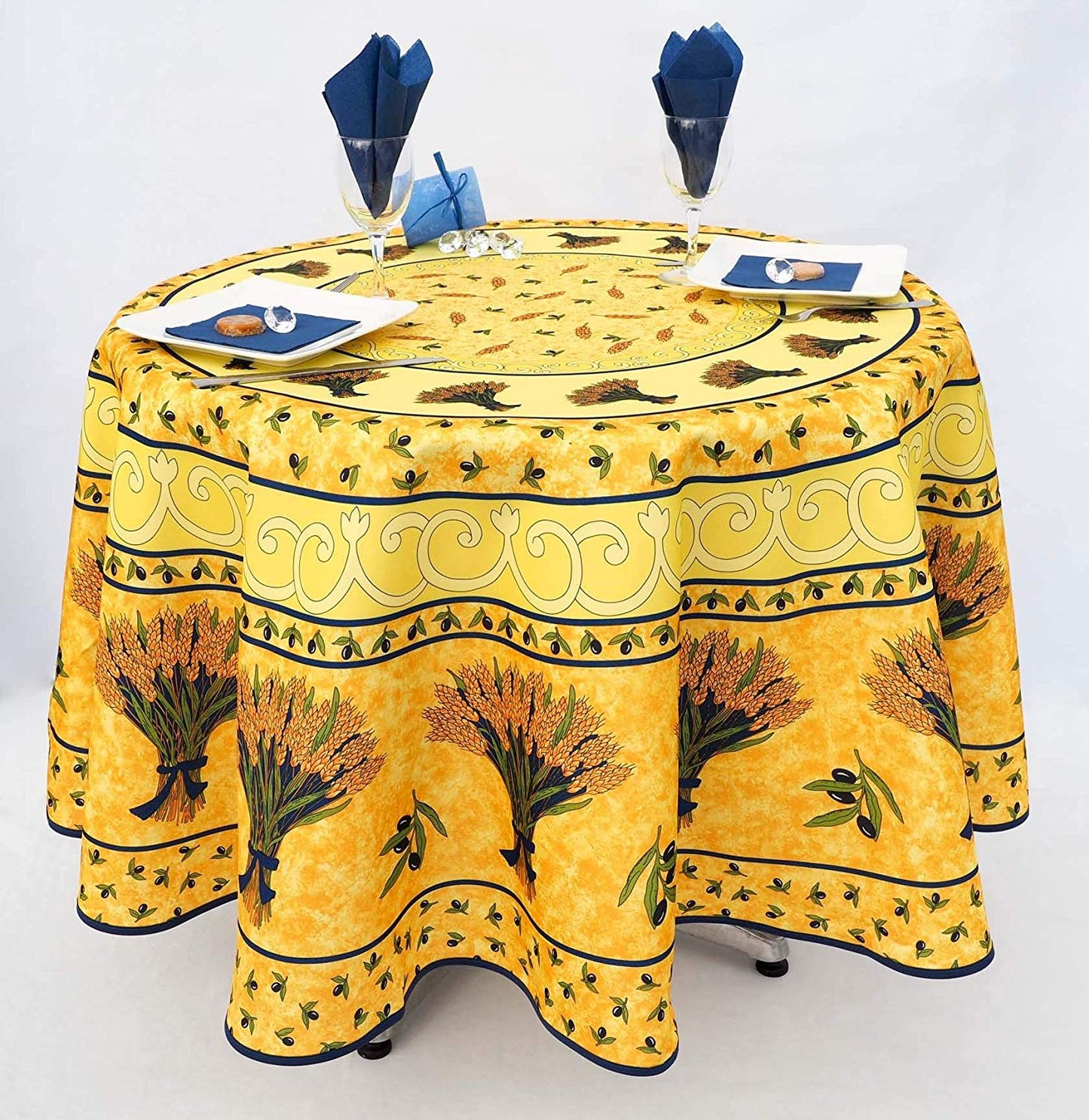 Tovaglia antimacchia rotonda giallo e blu con fantasia spighe di grano