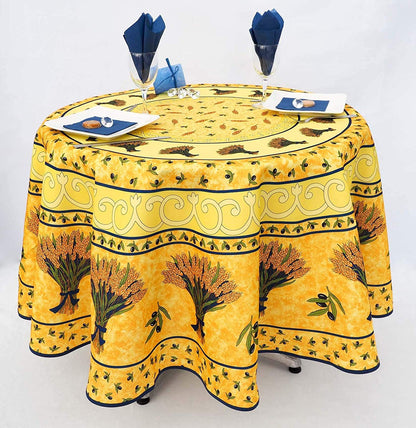 Tovaglia antimacchia rotonda giallo e blu con fantasia spighe di grano