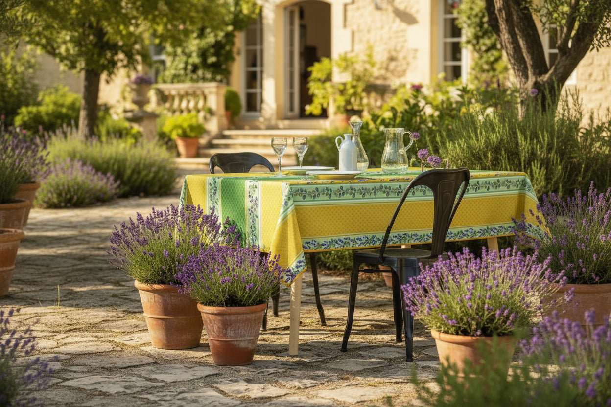 Tovaglia antimacchia rettangolare gialla con motivo provenzale decorativo