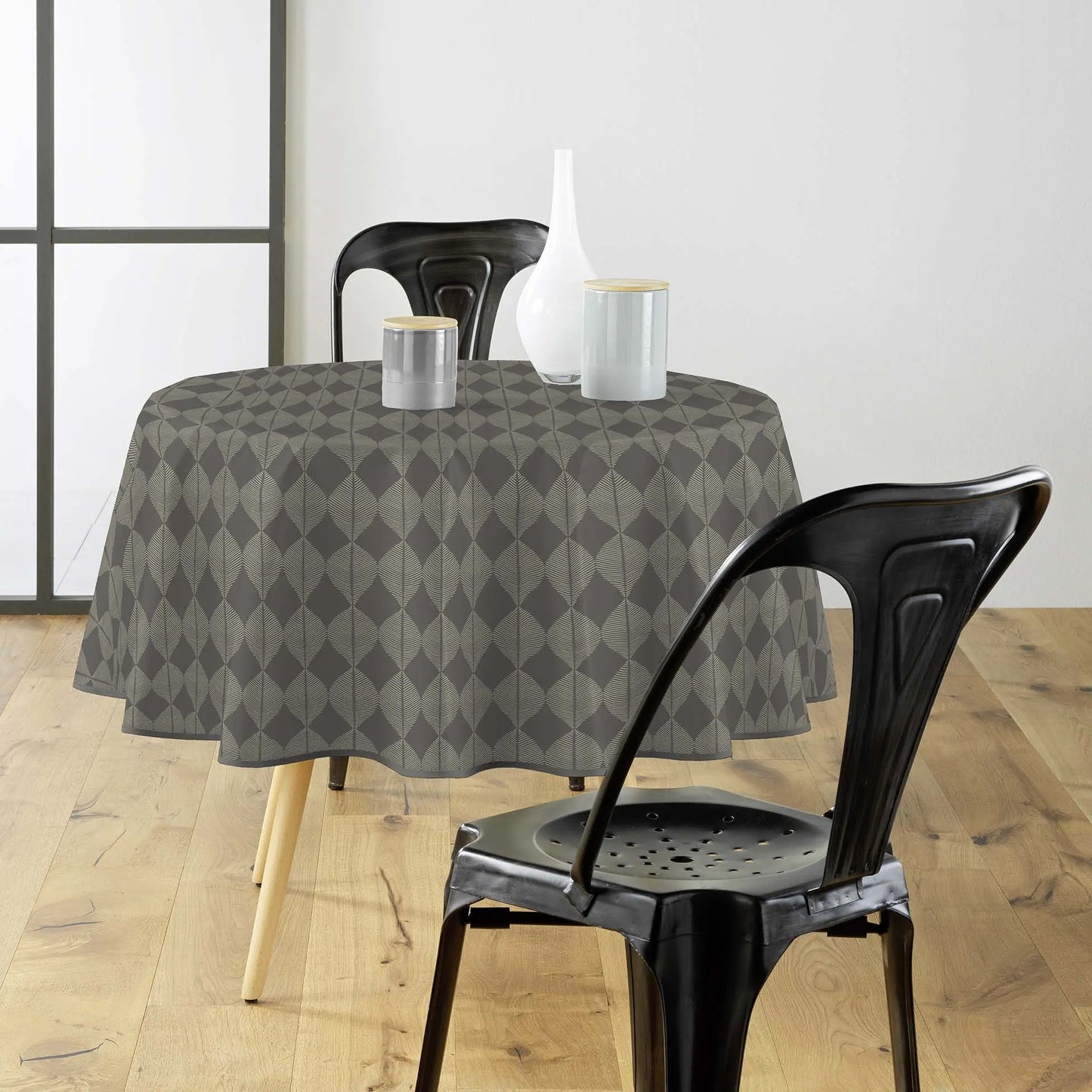 Tovaglia antimacchia rotonda grigio antracite con motivo geometrico elegante